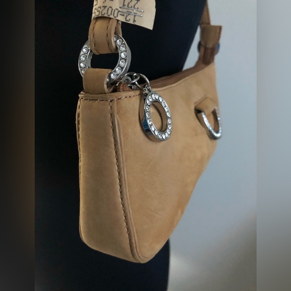 Vintage Suede Y2K Hype Acorn Tan Leather Rhinestone Small Shoulder Bag - Picture 5 of 8